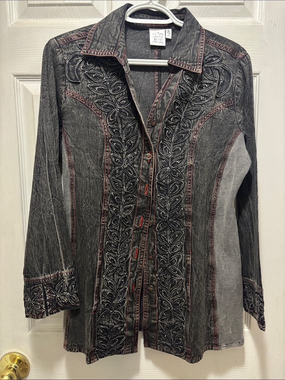 Gray Embroidered Button-Up Shirt Jacket